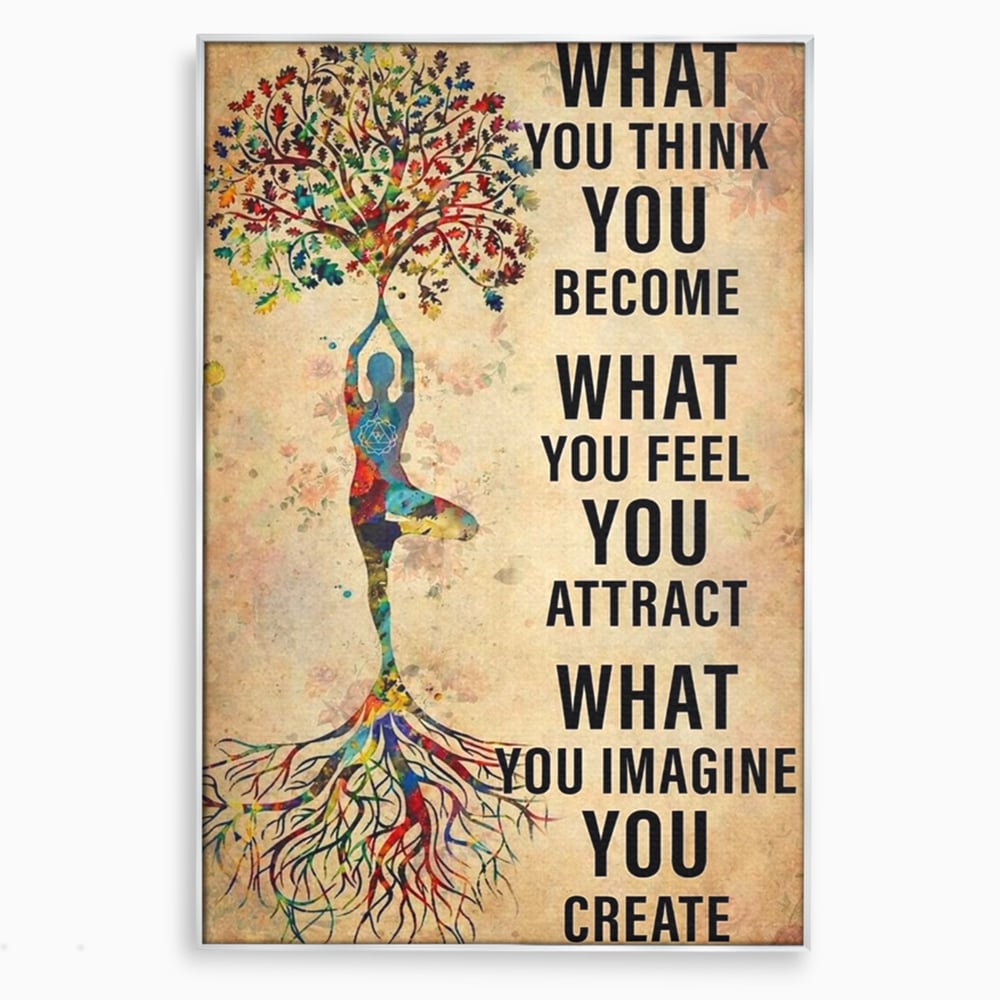 Tablou canvas cu tablou canvas motivational cu silueta si copac, in rama de aluminiu argintiu